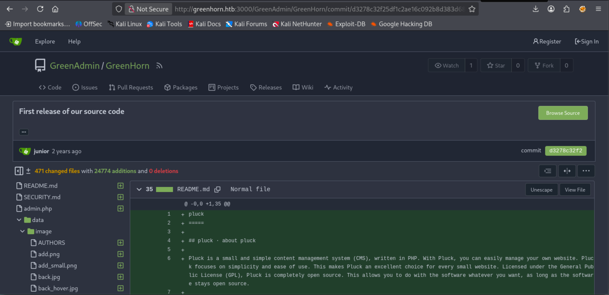 Git commit page showing the GreenHorn repository commit history