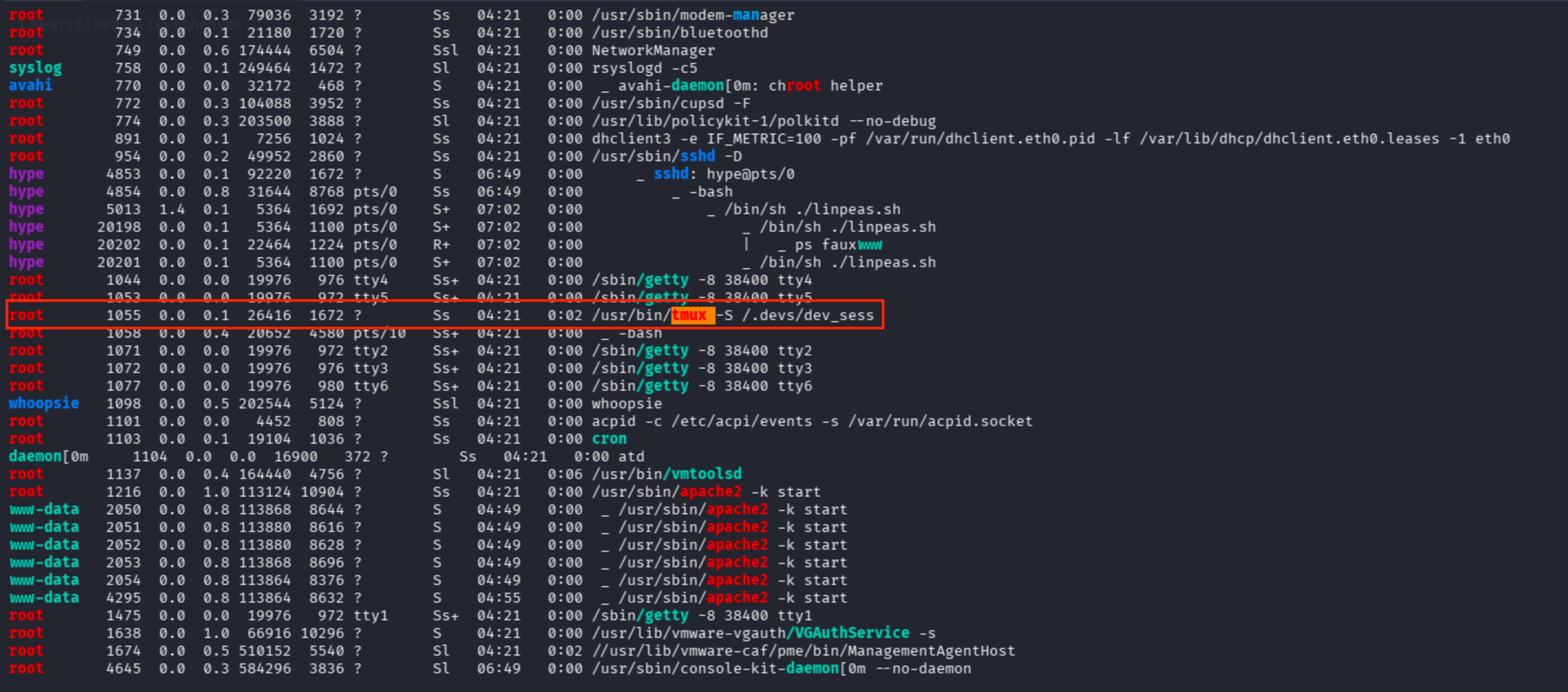 tmux session list showing a session running as root on Valentine