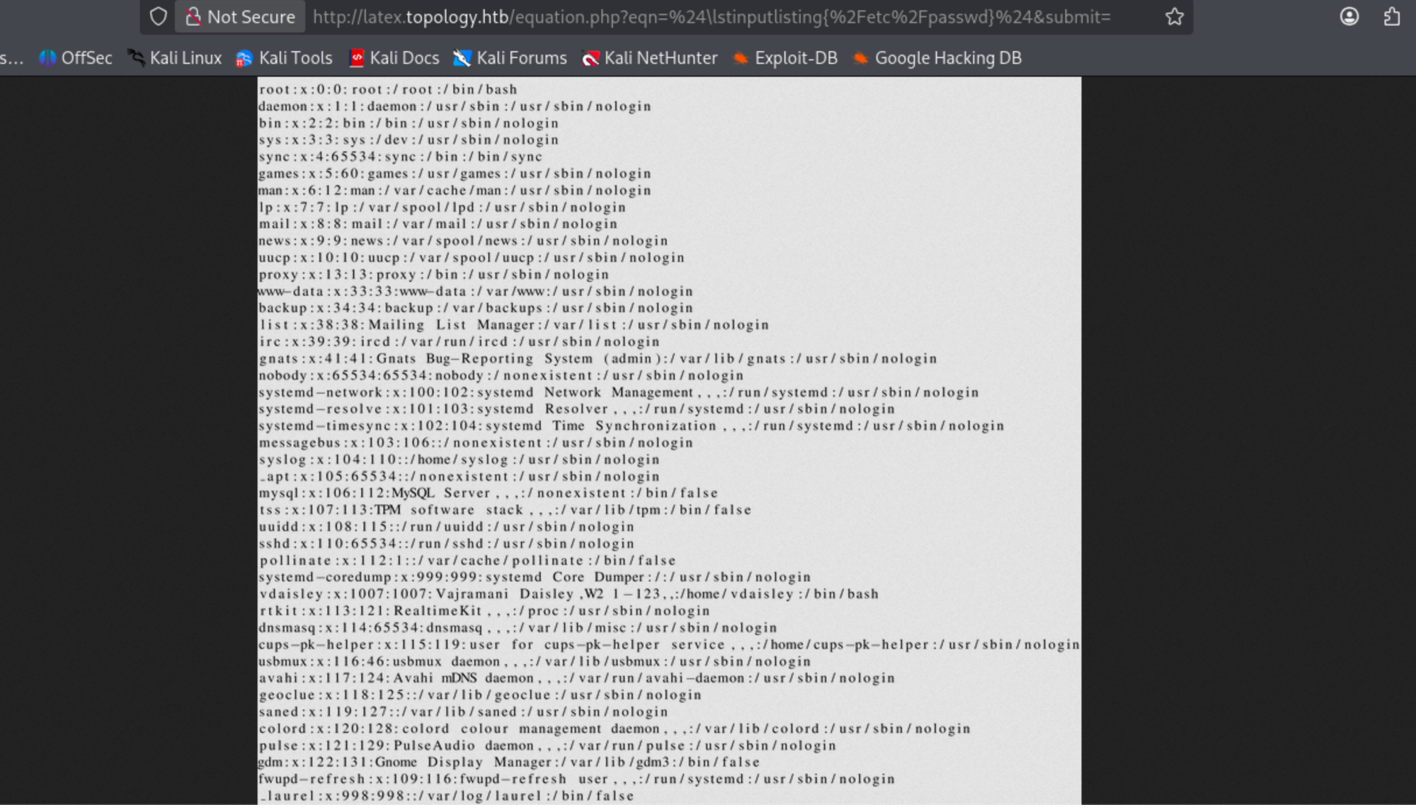 Rendered LaTeX math mode output demonstrating the sanitization bypass