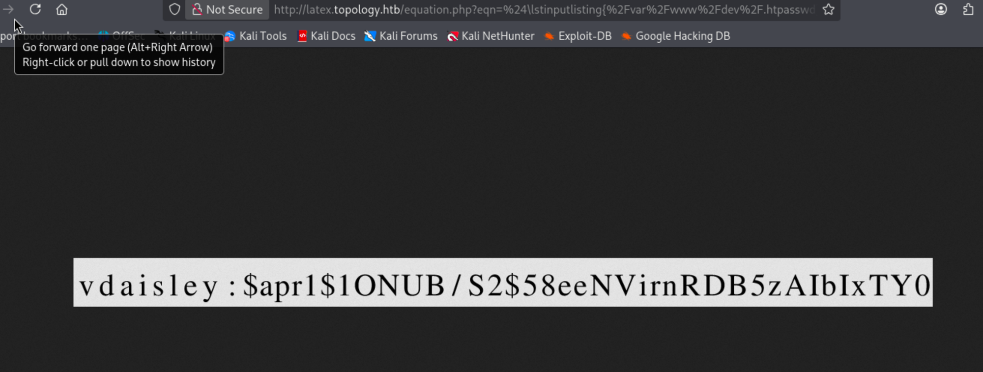 .htpasswd credential file contents revealed on the Topology dev subdomain