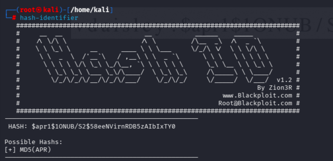 Hash identification output showing the type of the extracted credential hash