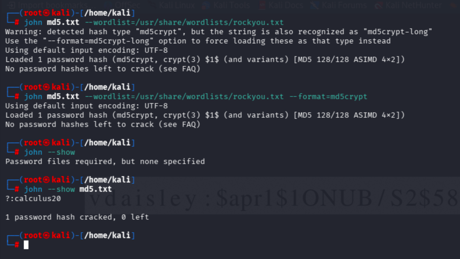 John the Ripper cracking output for the extracted password hash