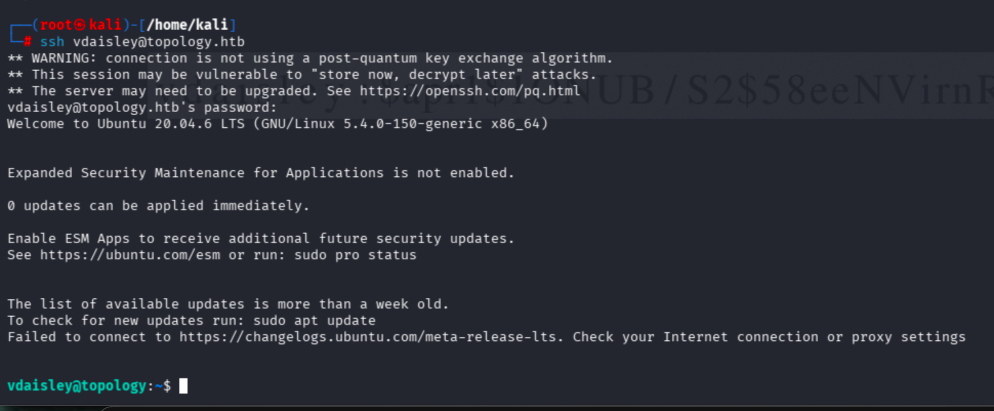 Successful SSH login as user vdaisley on the Topology box
