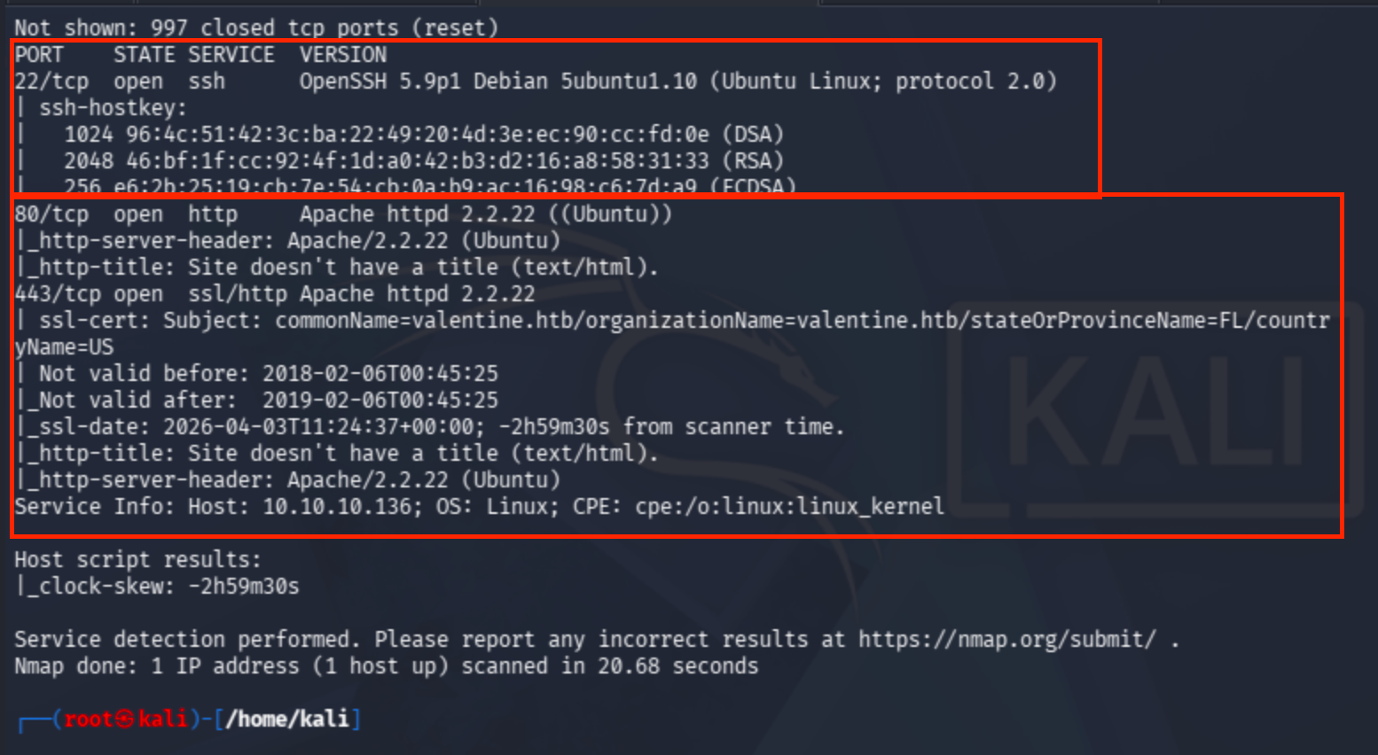 Nmap service and script scan output for the Valentine target