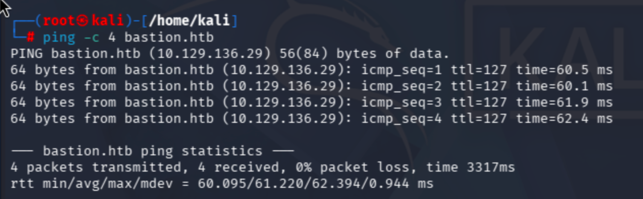 Ping output showing four ICMP requests to the Bastion target
