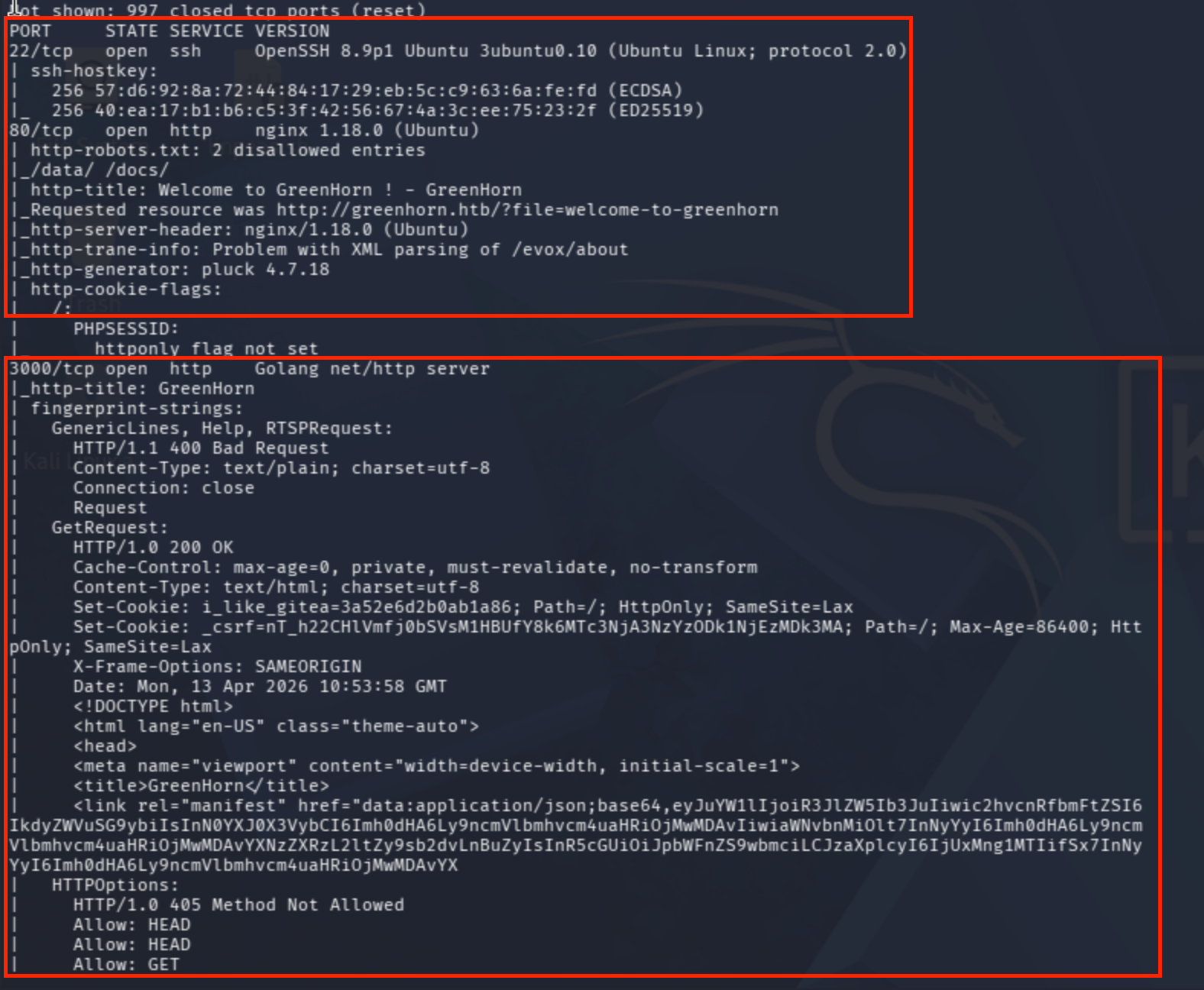 Nmap port scan results for the GreenHorn target