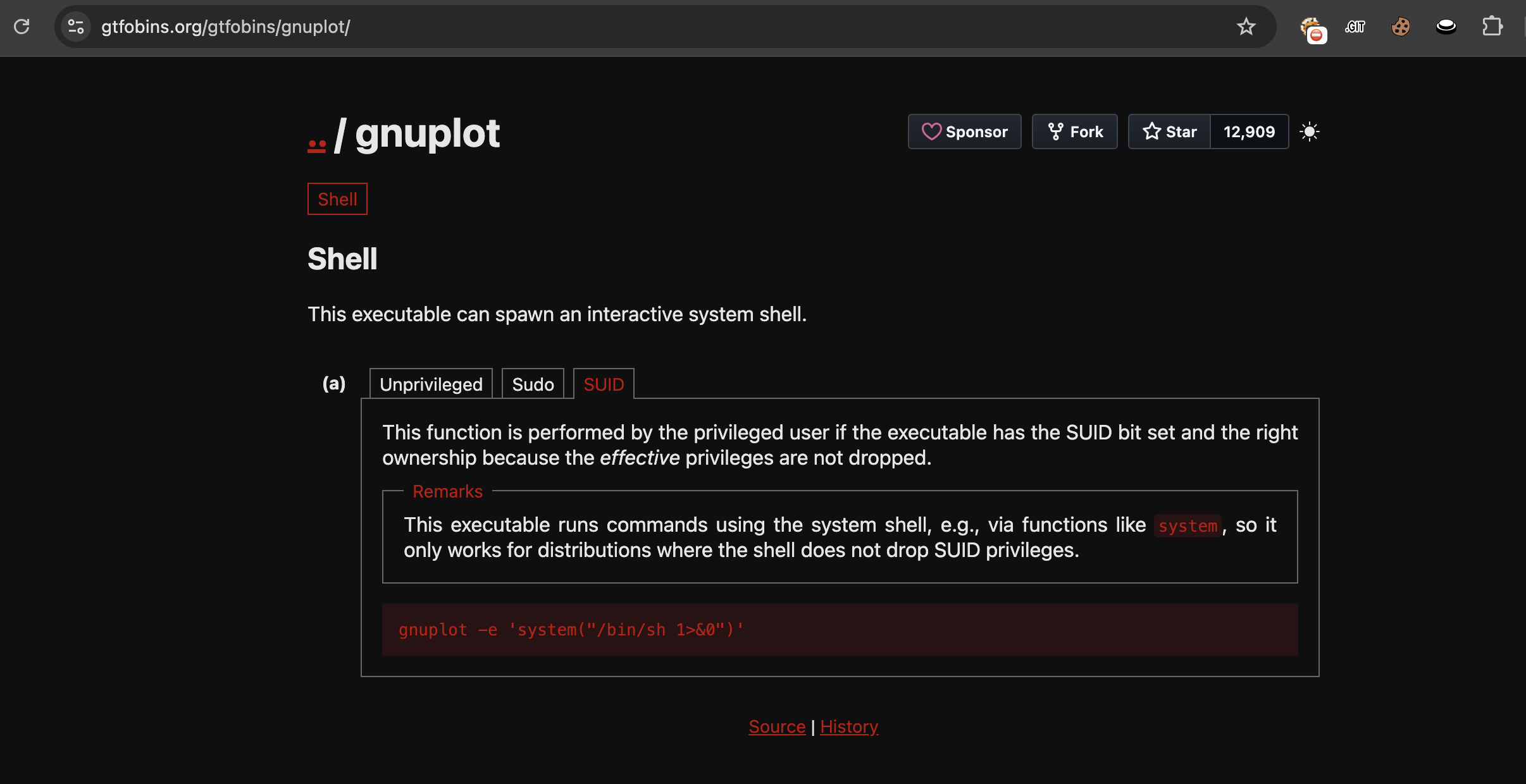 GTFOBins reference page showing applicable SUID exploitation techniques