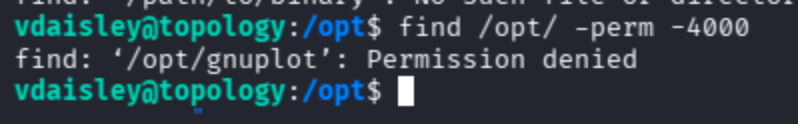 Terminal output showing failed direct SUID exploitation attempts