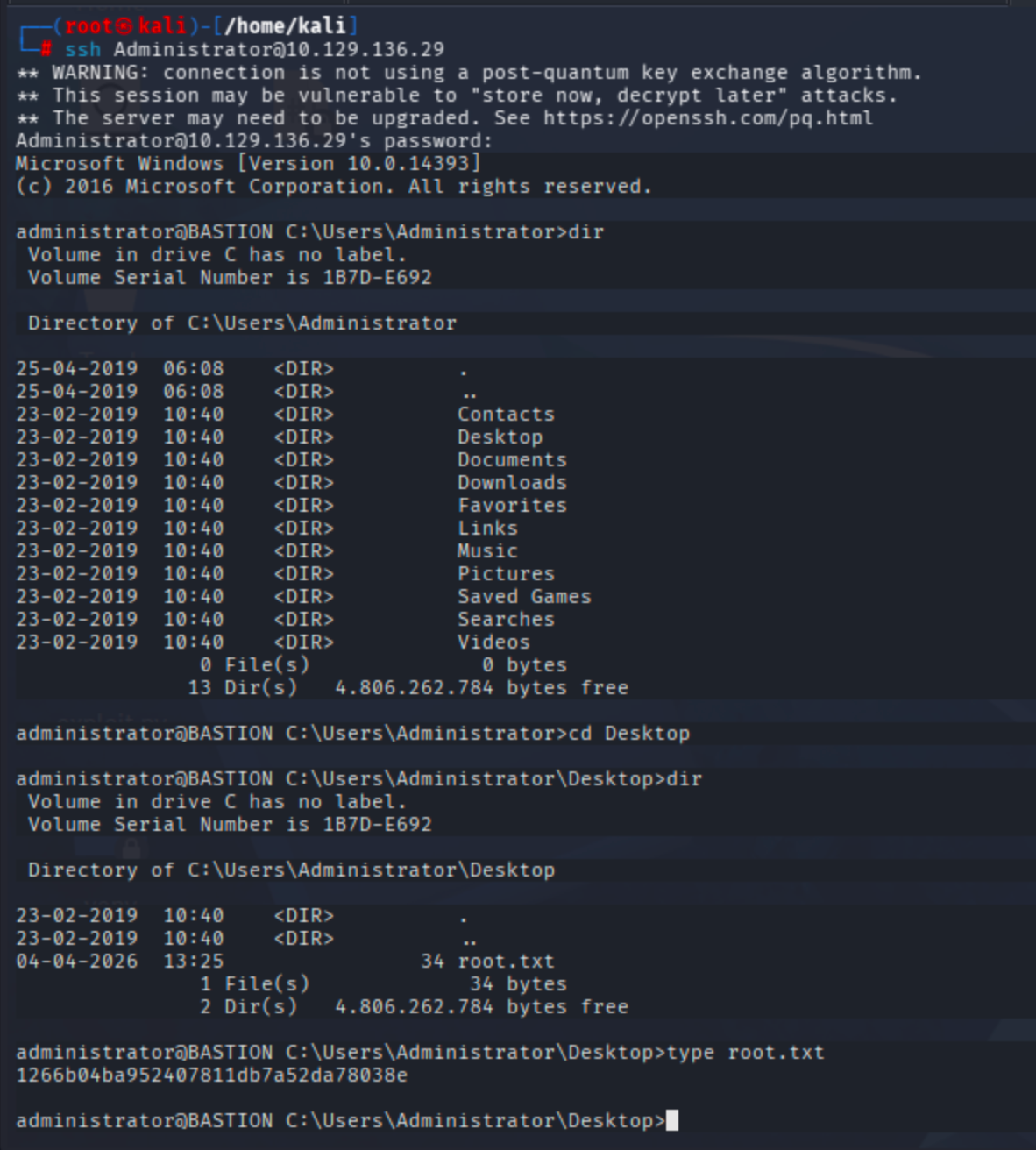 Administrator authentication and root flag retrieval on Bastion