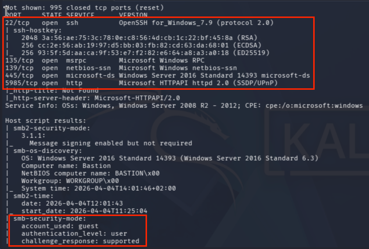 SMB enumeration revealing guest access and Windows OS version on Bastion