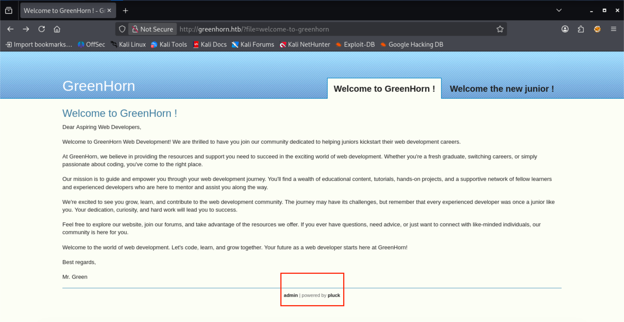 Web application discovery output for the GreenHorn target