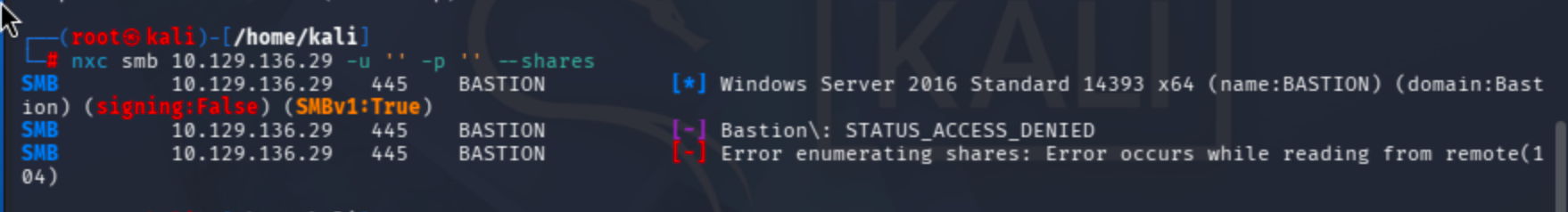 SMB error output during share enumeration on Bastion