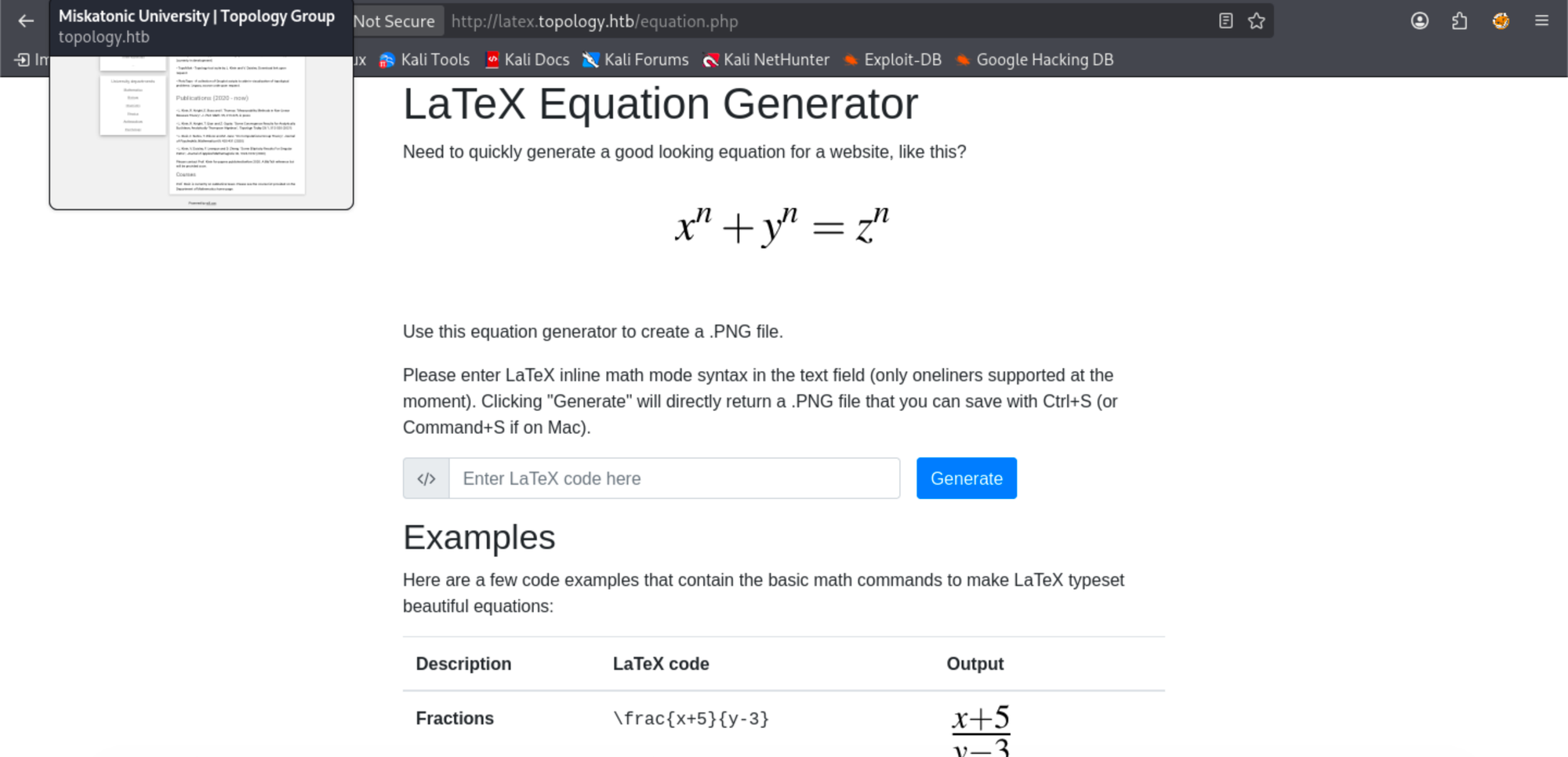 PHP script endpoint that renders LaTeX expressions into images on the Topology dev subdomain