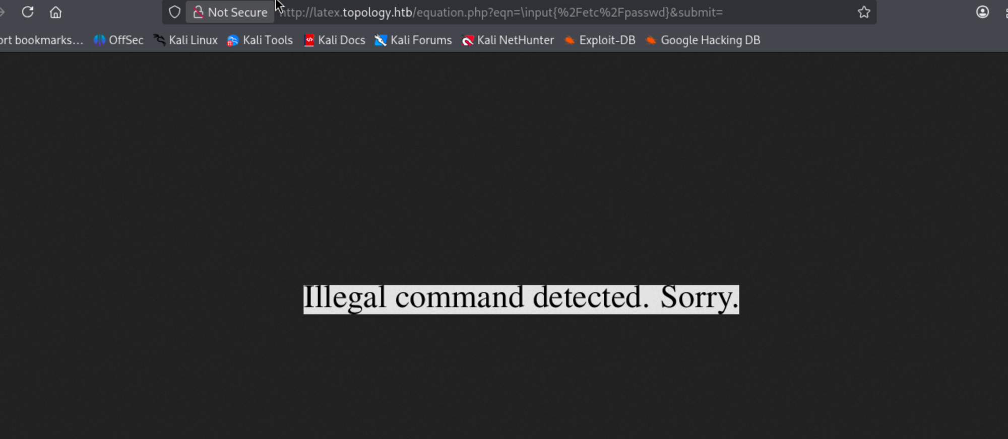 Initial LaTeX payload attempt being sanitized by the rendering page