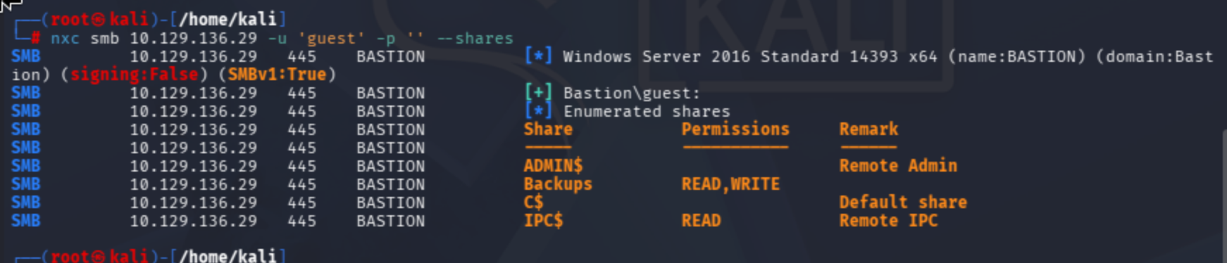 SMB share enumeration output on the Bastion target