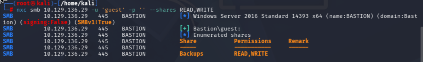 SMB share listing showing accessible shares on Bastion