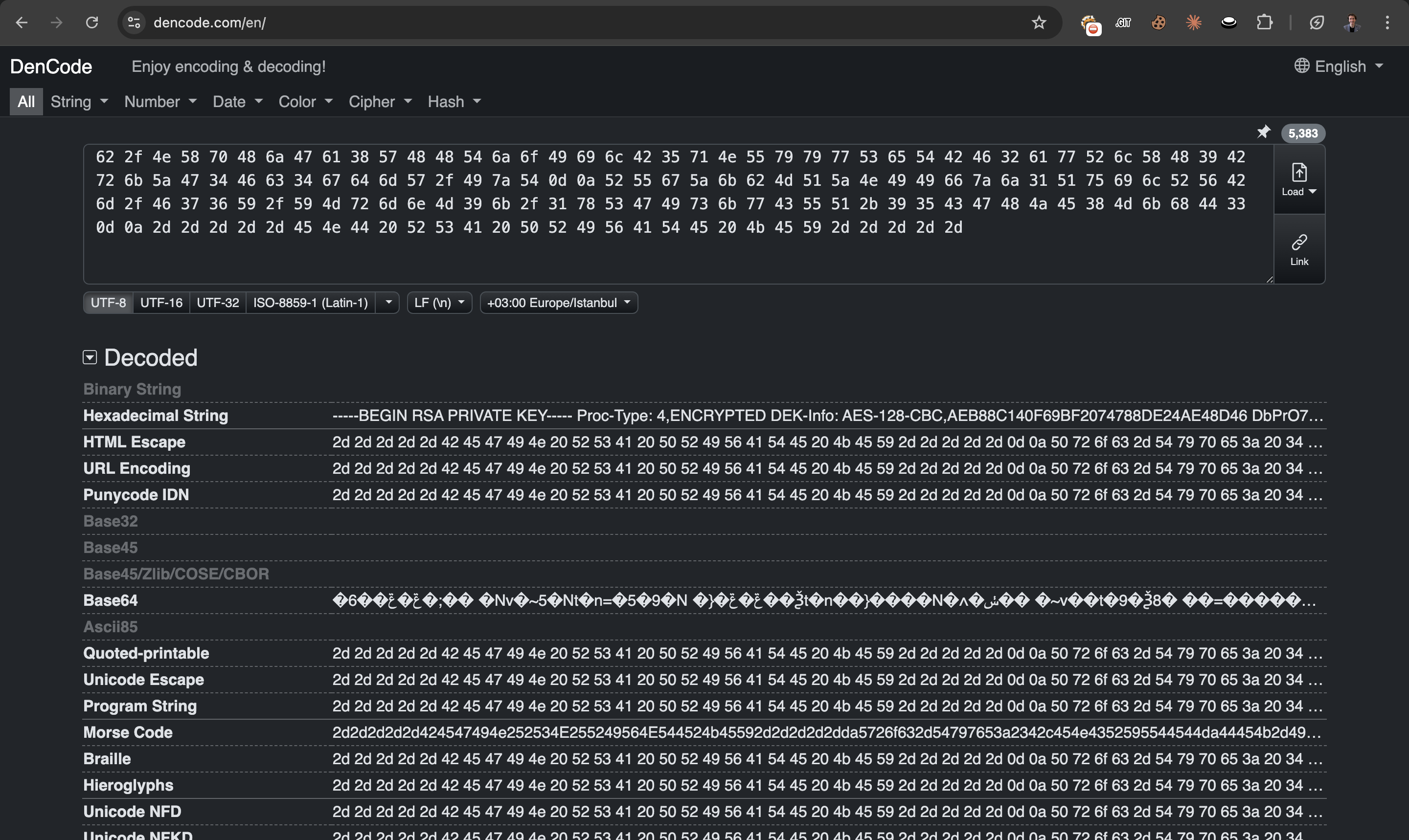 DenCode decoder output for the extracted Valentine string