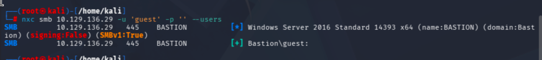 NetExec SMB users enumeration output for the Bastion target