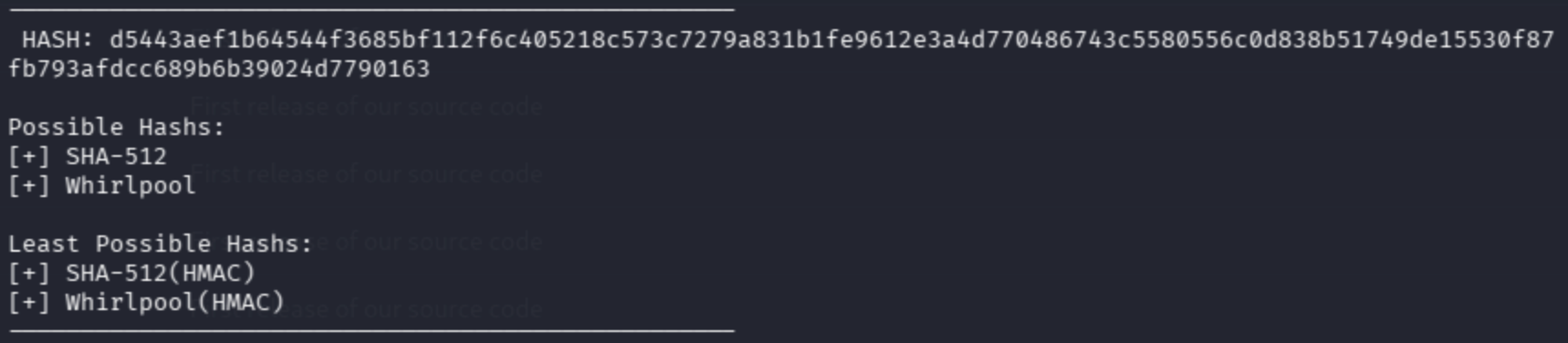 Cracked password hash output showing the recovered plaintext