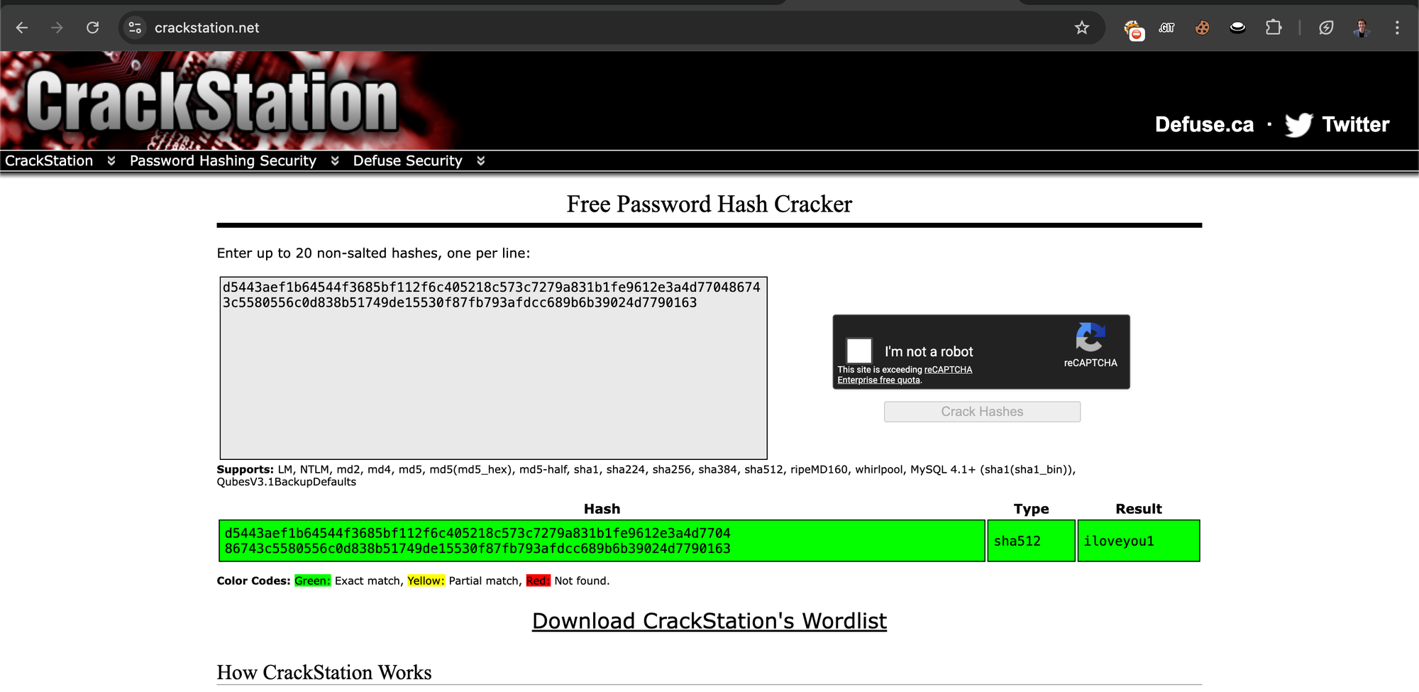 CrackStation lookup results for the SHA-512 hash