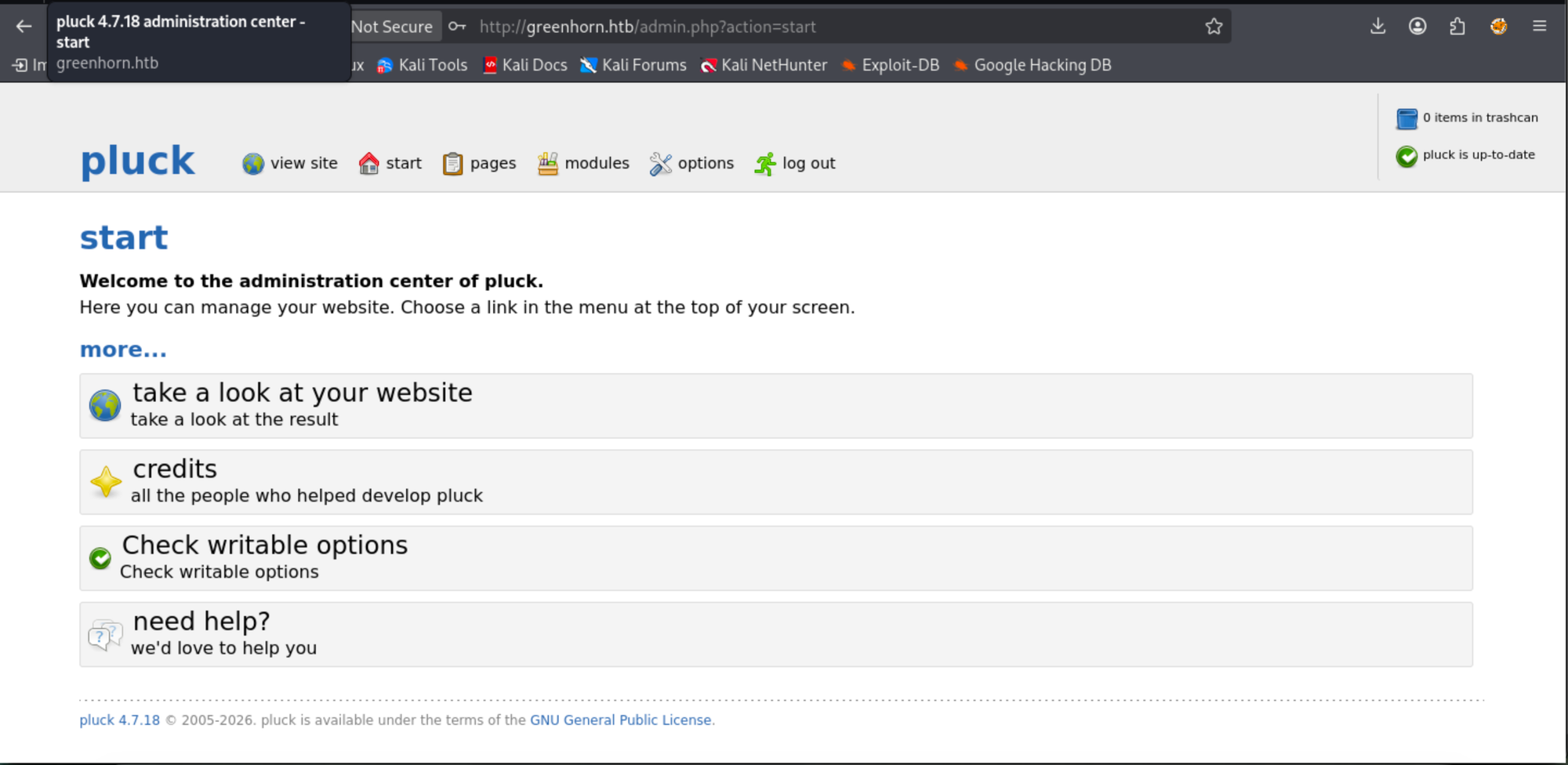 Pluck CMS login page at login.php used for initial access