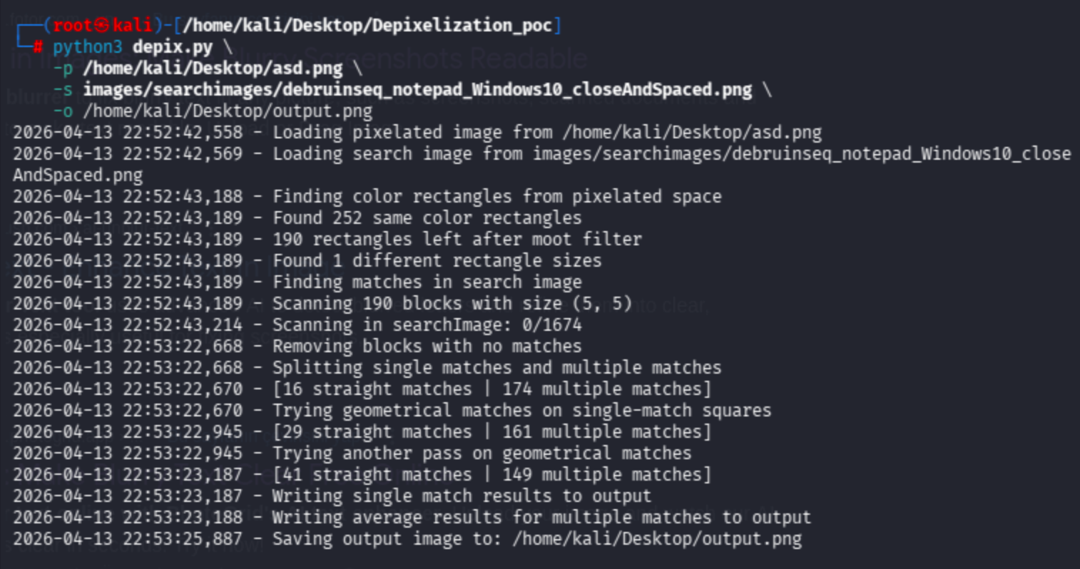 Terminal output showing the Depix depixelization tool being run