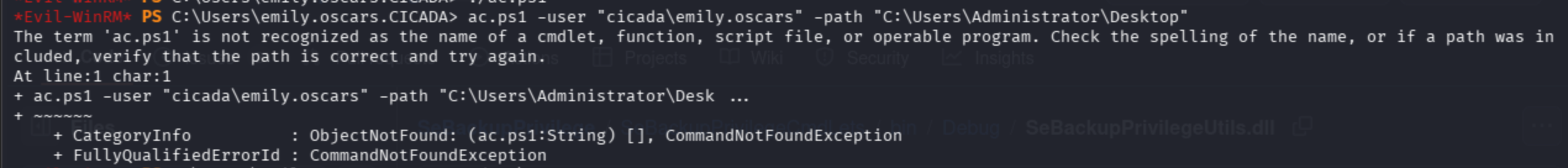 Evil-WinRM: ac.ps1 script execution fails with CommandNotFoundException error