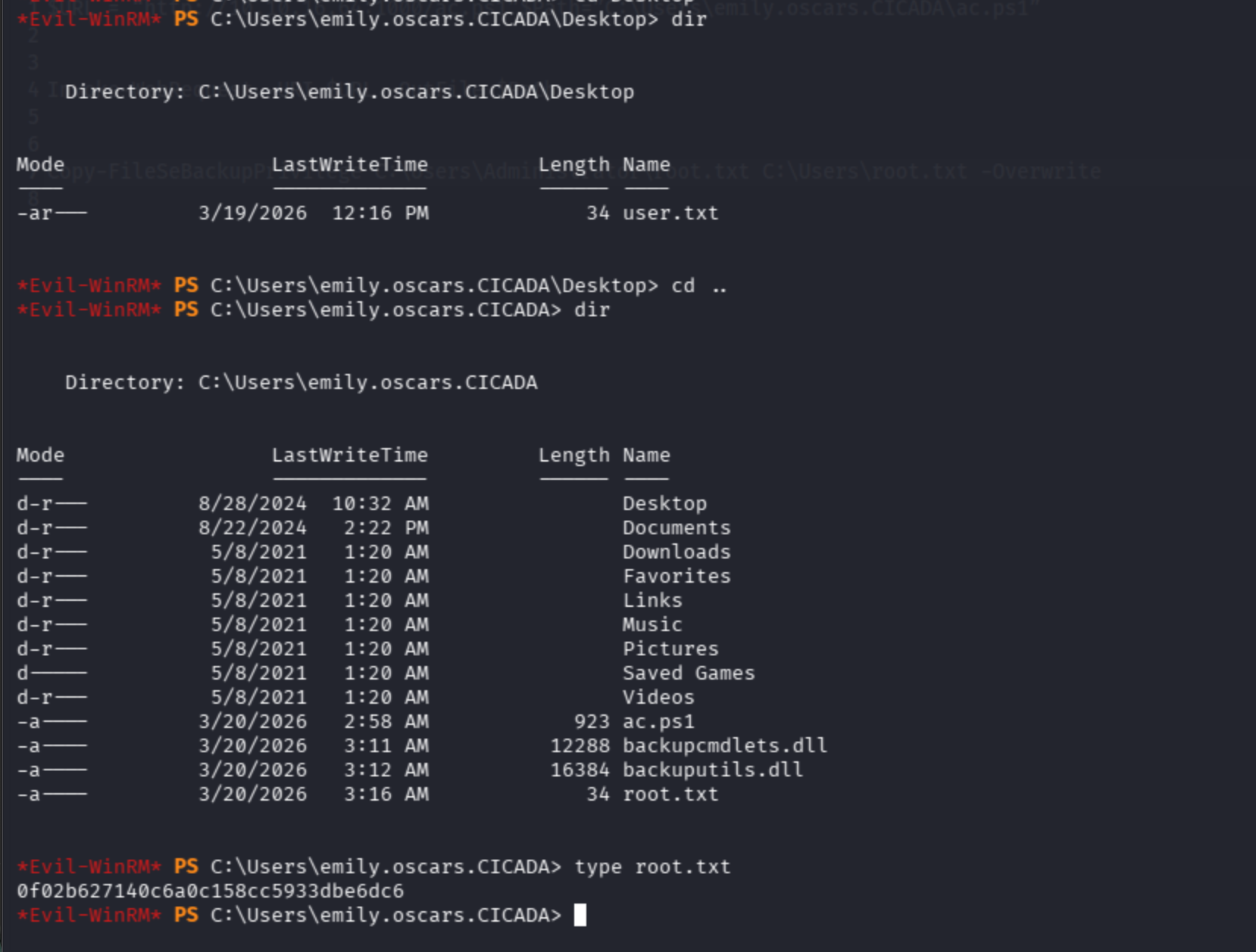 Root flag captured: Copy-FileSeBackupPrivilege copies root.txt, type root.txt displays root hash
