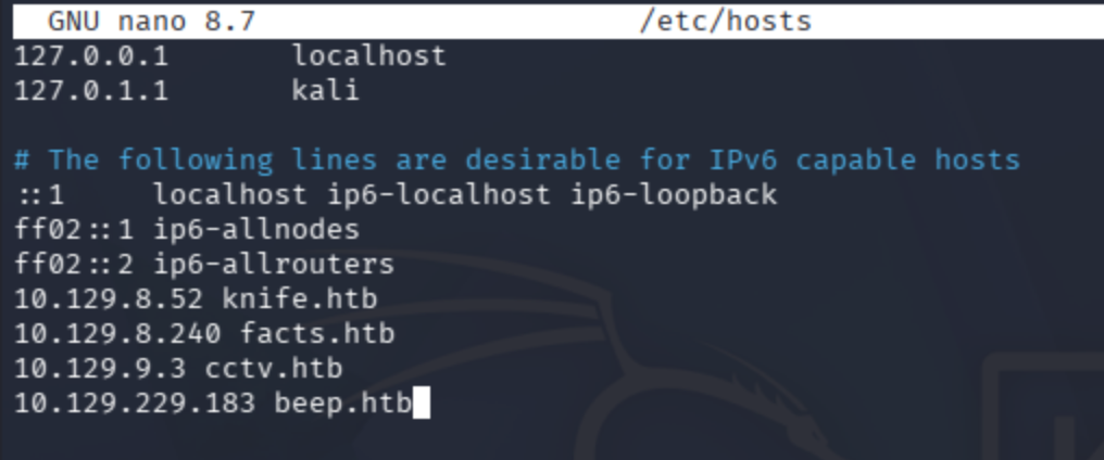 Nano editor showing /etc/hosts with beep.htb mapped to 10.129.229.183
