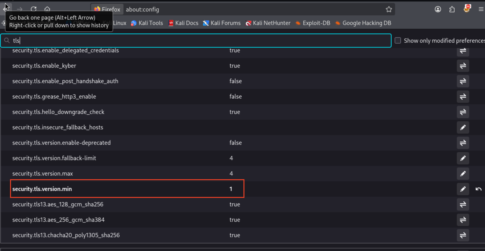 Firefox about:config TLS settings with security.tls.version.min set to 1 to allow legacy SSL connection