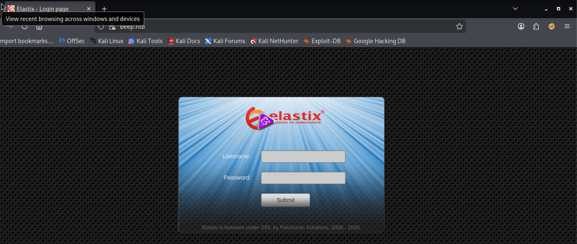 Elastix login page with username and password fields on beep.htb