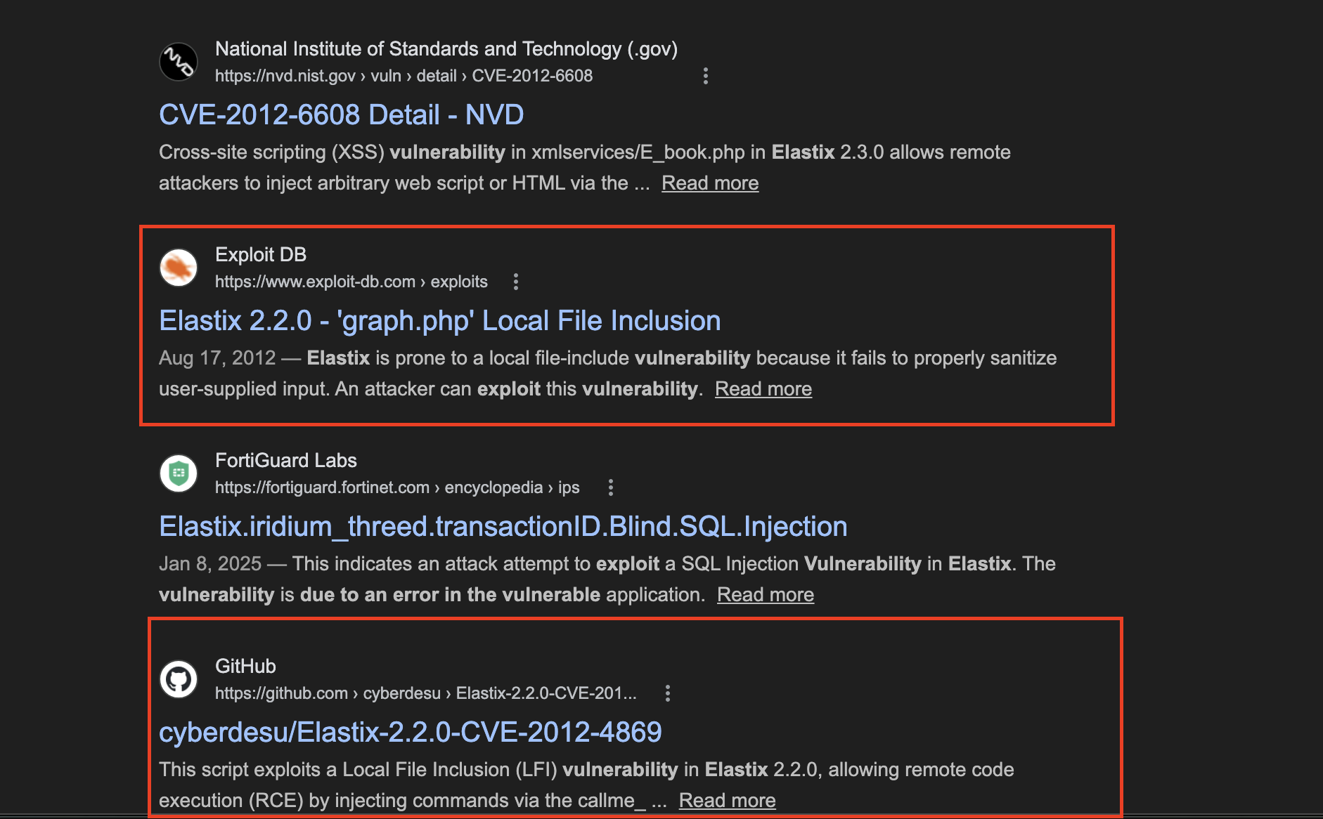 Google search results for Elastix vulnerabilities: CVE-2012-6608 XSS, Elastix 2.2.0 LFI exploit, CVE-2012-4869