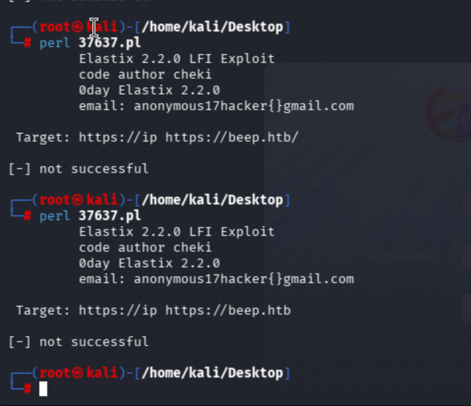 Perl exploit 37637.pl (Elastix 2.2.0 LFI) failing twice with 'not successful' against beep.htb