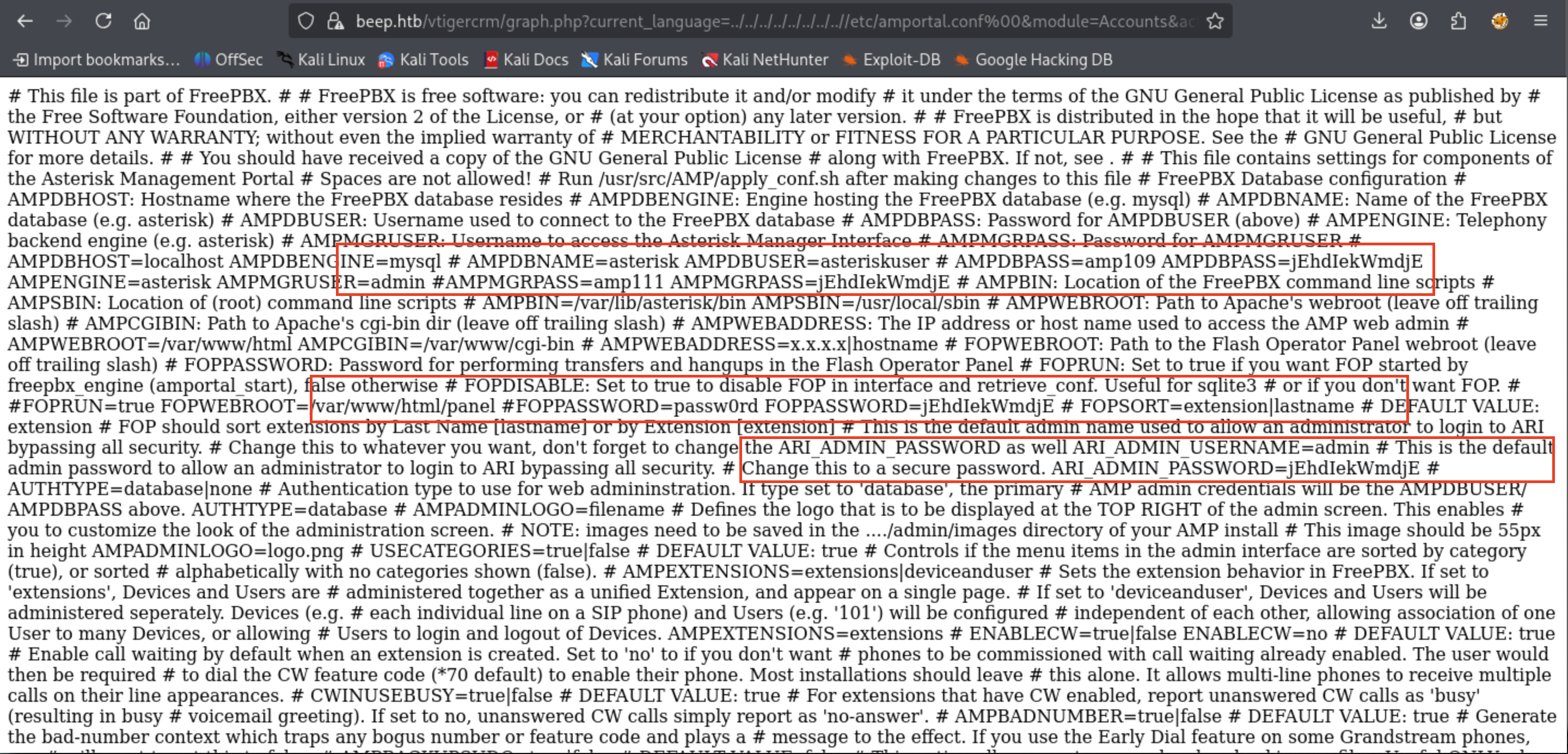 LFI via vtigercrm/graph.php reading amportal.conf: FreePBX credentials including admin password jEhdIekWmdjE