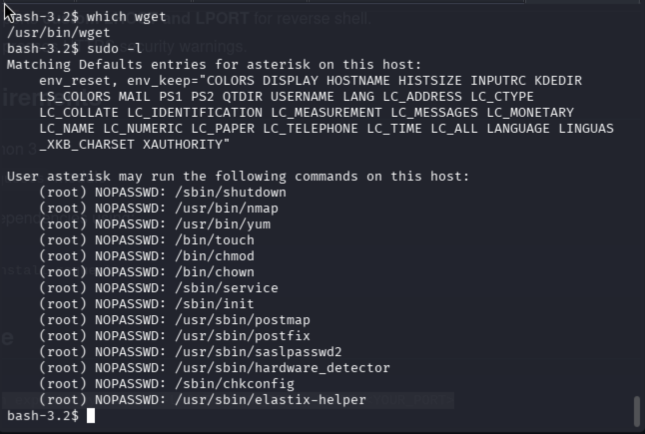 sudo -l output: asterisk can run nmap, yum, chmod, chown, service and 15 other commands as root without password
