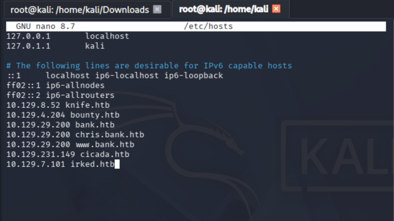 Nano editor showing /etc/hosts with irked.htb mapped to 10.129.7.101