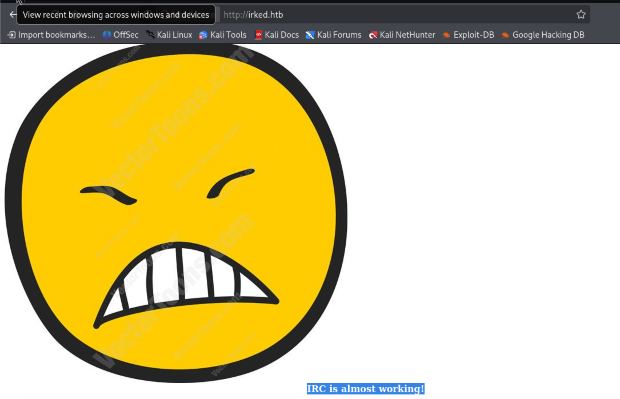 irked.htb web page displaying angry yellow smiley face and IRC is almost working message