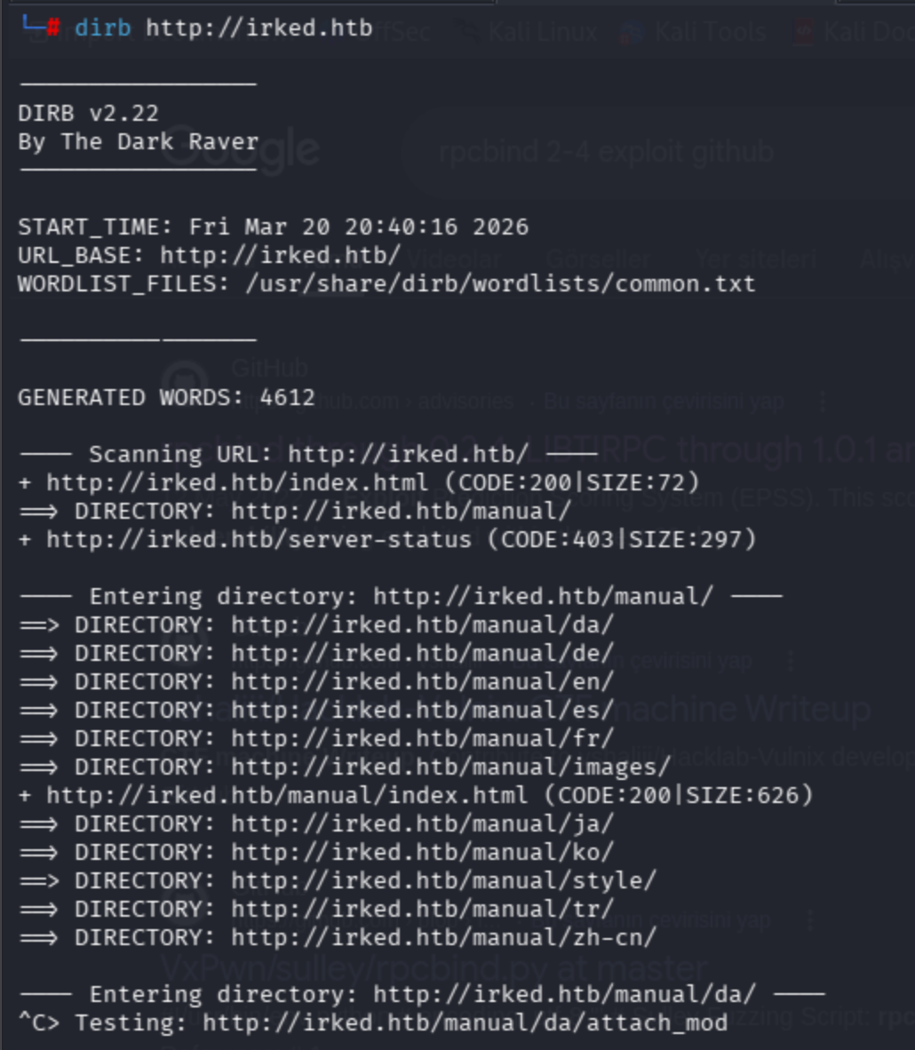 DIRB directory scan output finding /manual/ and /server-status on irked.htb