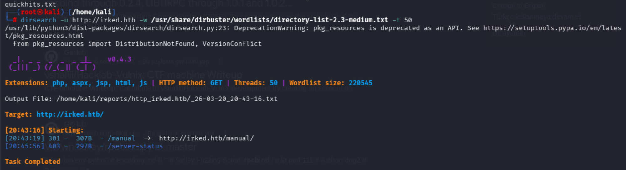 Dirsearch scan with medium wordlist confirming same /manual directory result