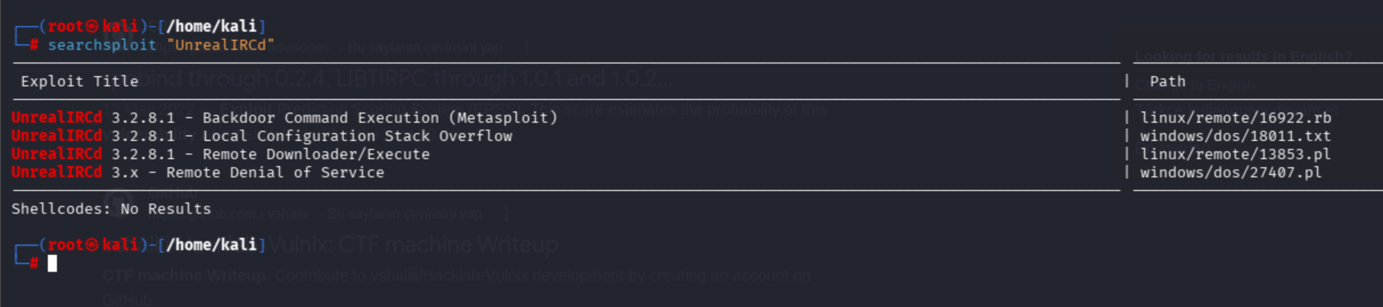 searchsploit UnrealIRCd results: version 3.2.8.1 Backdoor Command Execution rated excellent