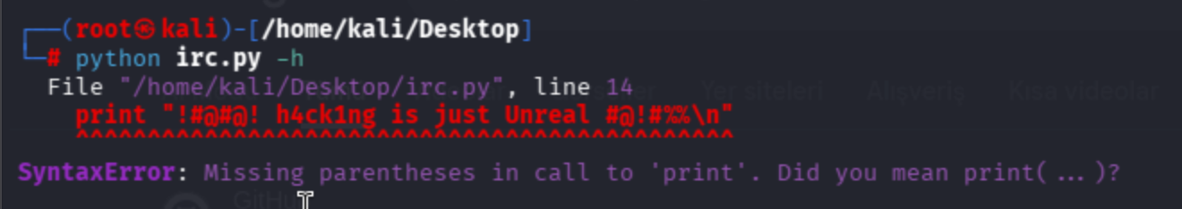 Python IRC exploit failing with SyntaxError on print statement due to Python 2 vs 3 incompatibility