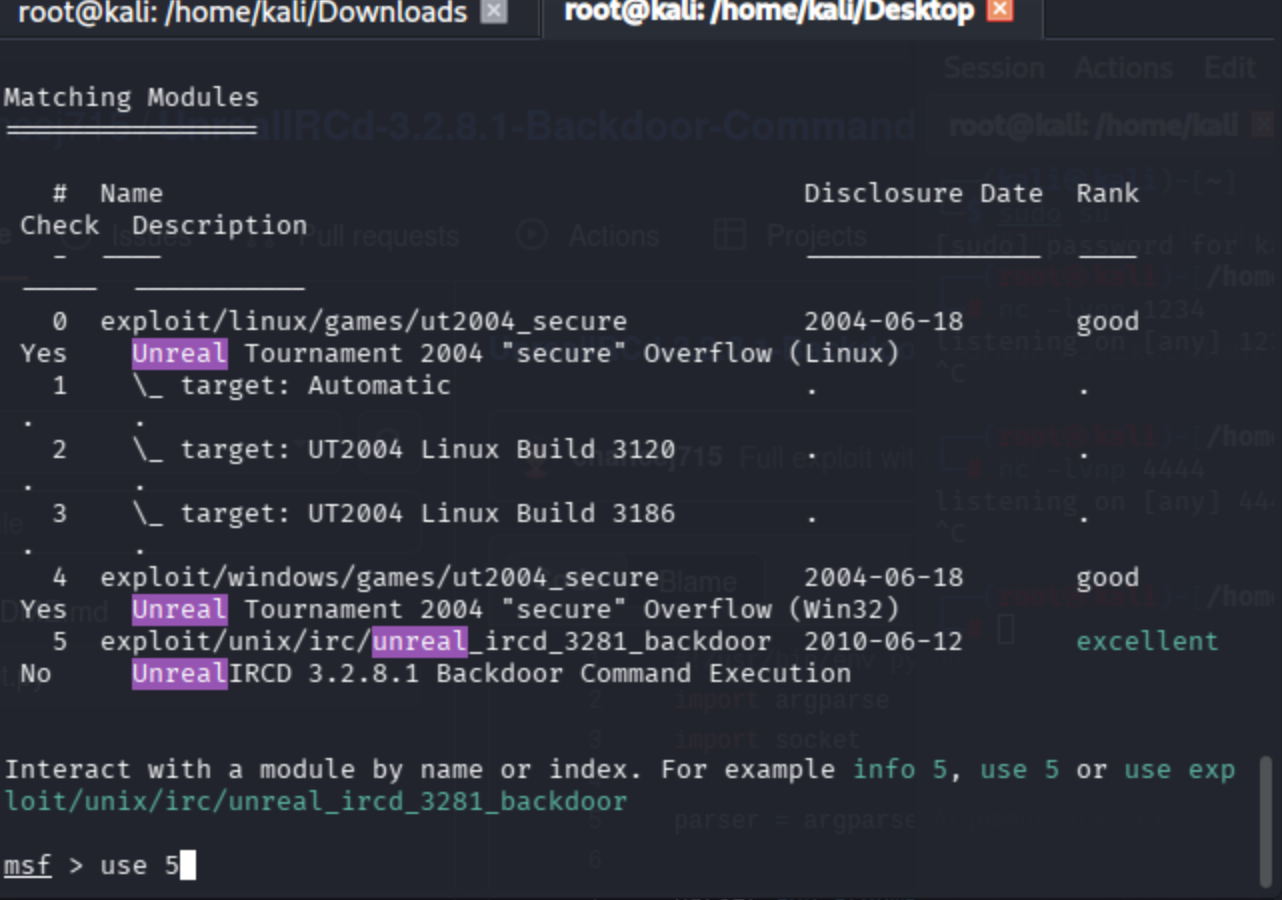 Metasploit search for Unreal showing unreal_ircd_3281_backdoor module selected for exploitation